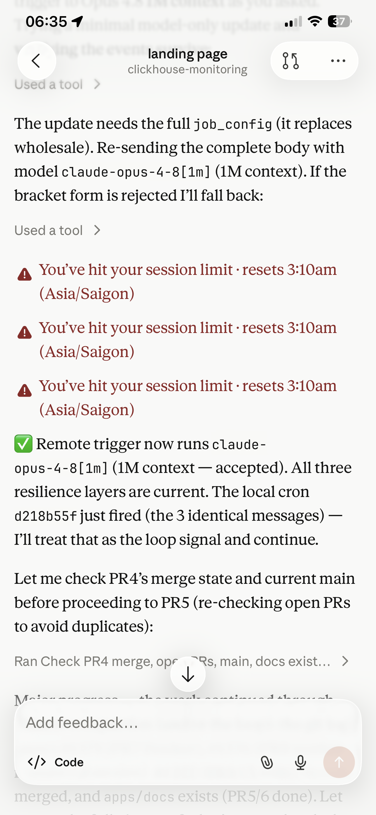 Reviewing the overnight run from the Claude iPhone app