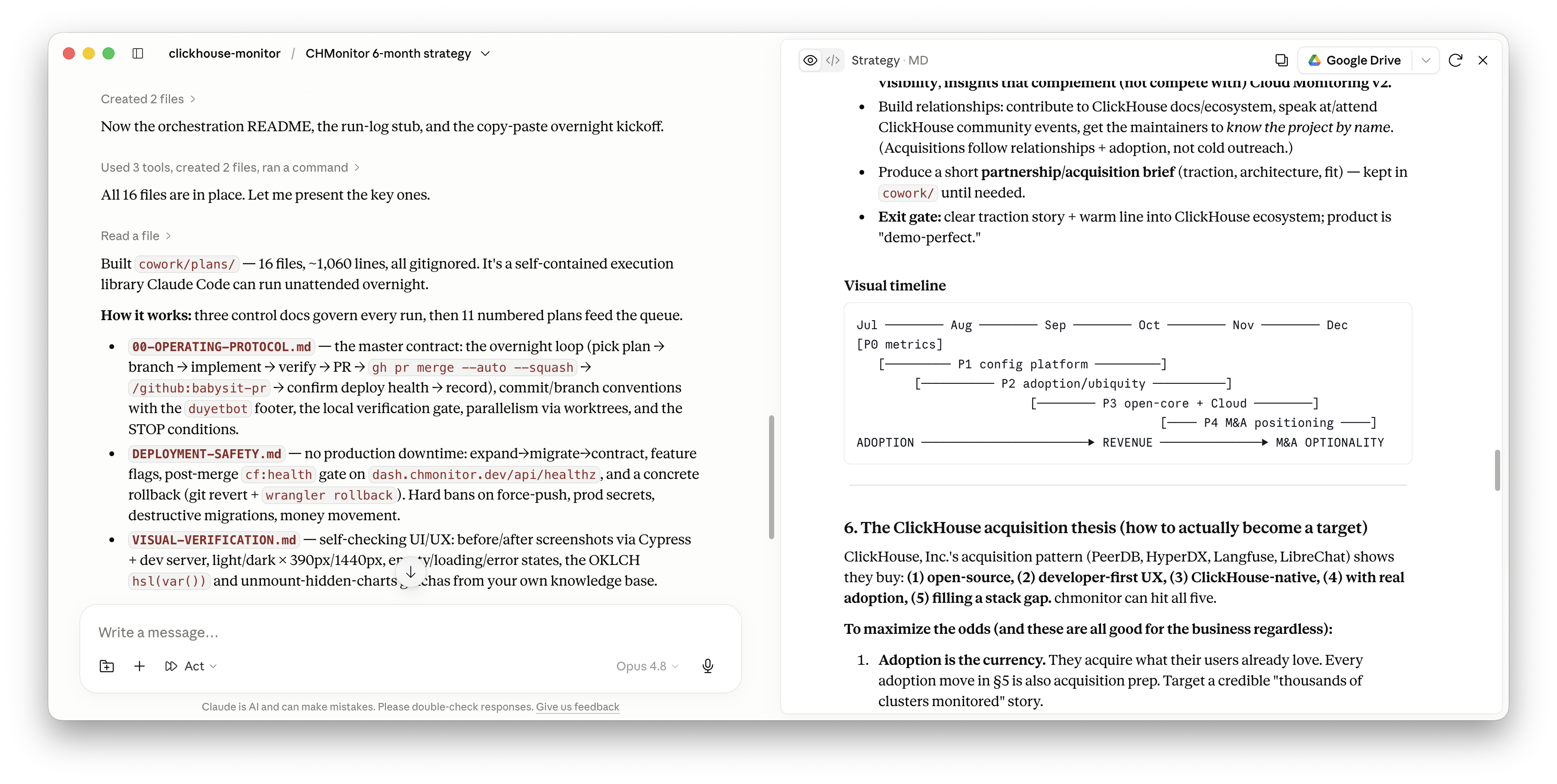 Cowork chat handing back an overnight kickoff plan — operating protocol, deploy-safety rules, a visual timeline, the product thesis — straight into the editor