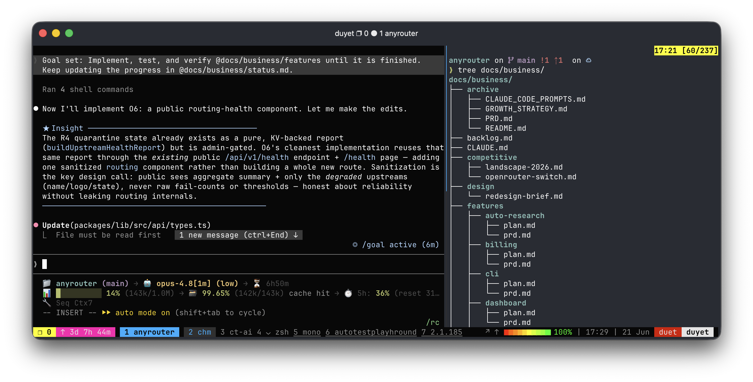 A /goal run against docs/business/: "Implement, test, and verify /business/features until it is finished", with the docs tree it works through on the right