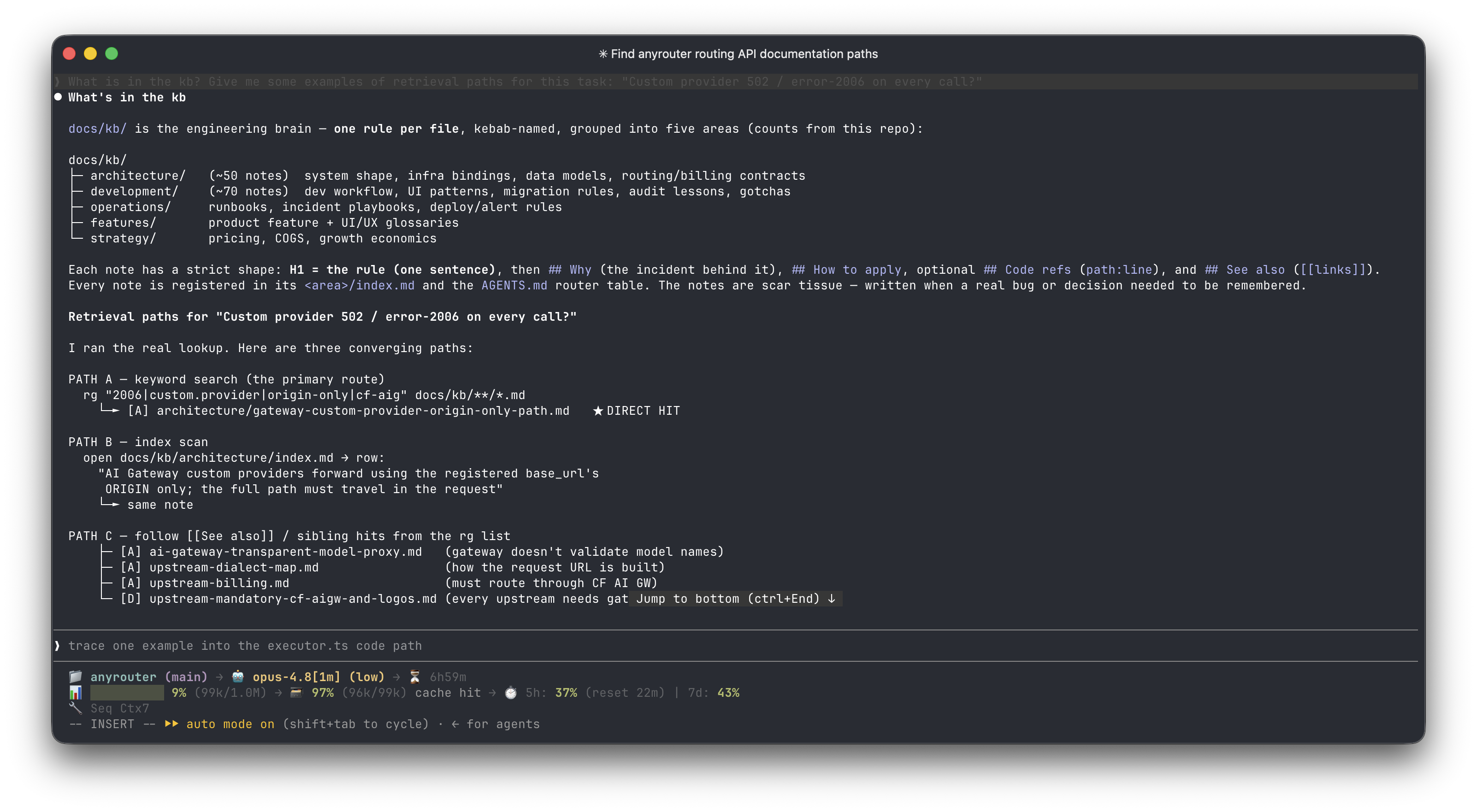 The docs/kb "engineering brain": one rule per file, kebab-cased so ripgrep finds it, with the retrieval paths an agent follows to land on the right note