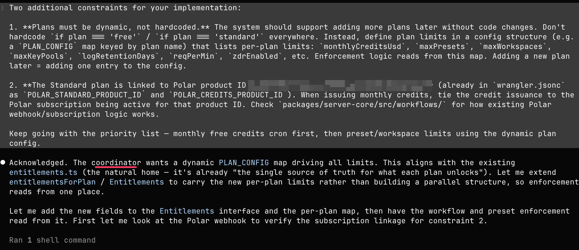 Opus translating a vague billing instruction into a full technical spec — dynamic PLAN_CONFIG, Polar product ID linkage — ready for the child agent to implement