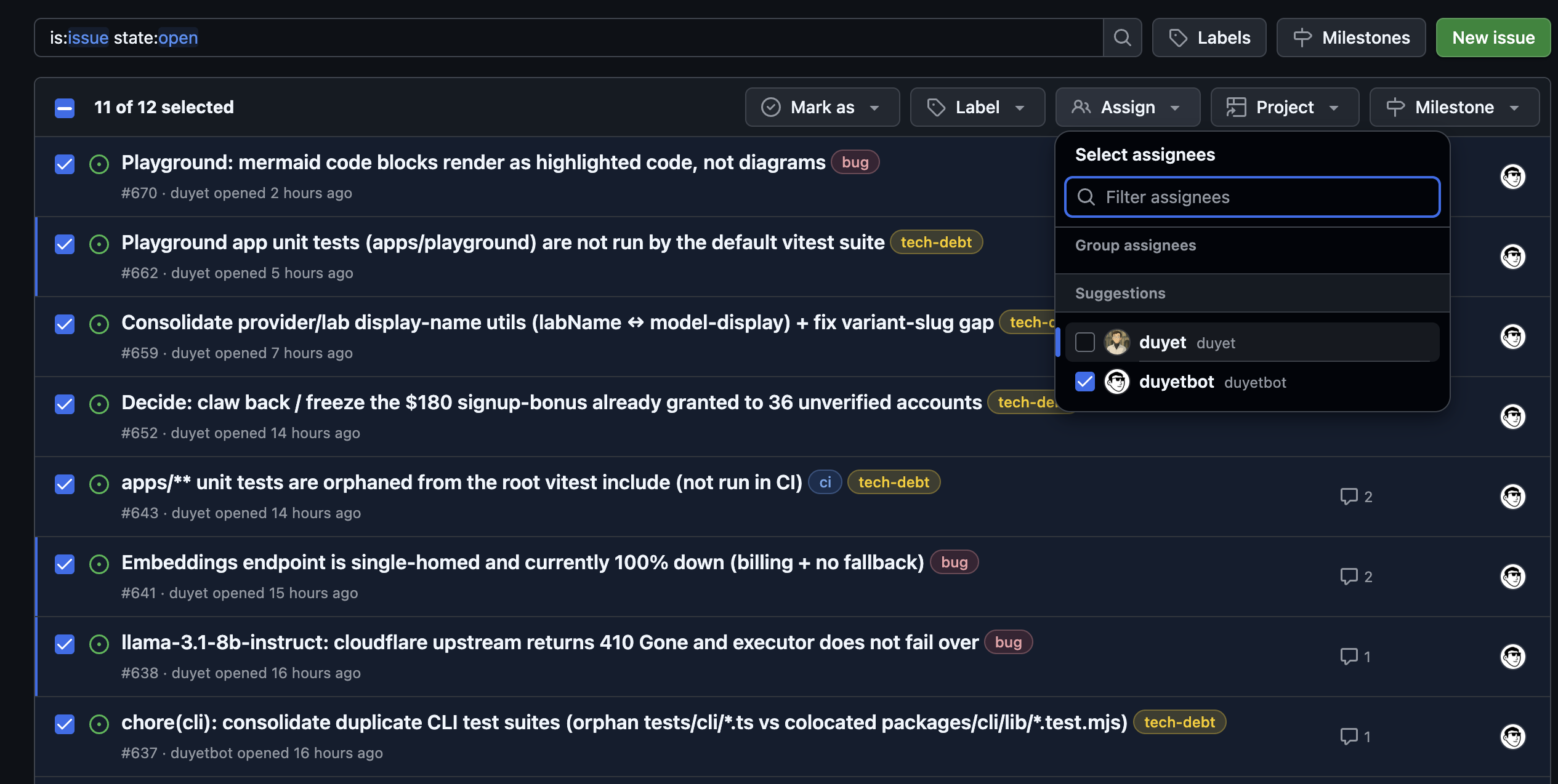 Eleven issues the loop filed itself — failing playground tests, a single-homed embeddings endpoint, a dead upstream — selected and assigned to duyetbot to pick up