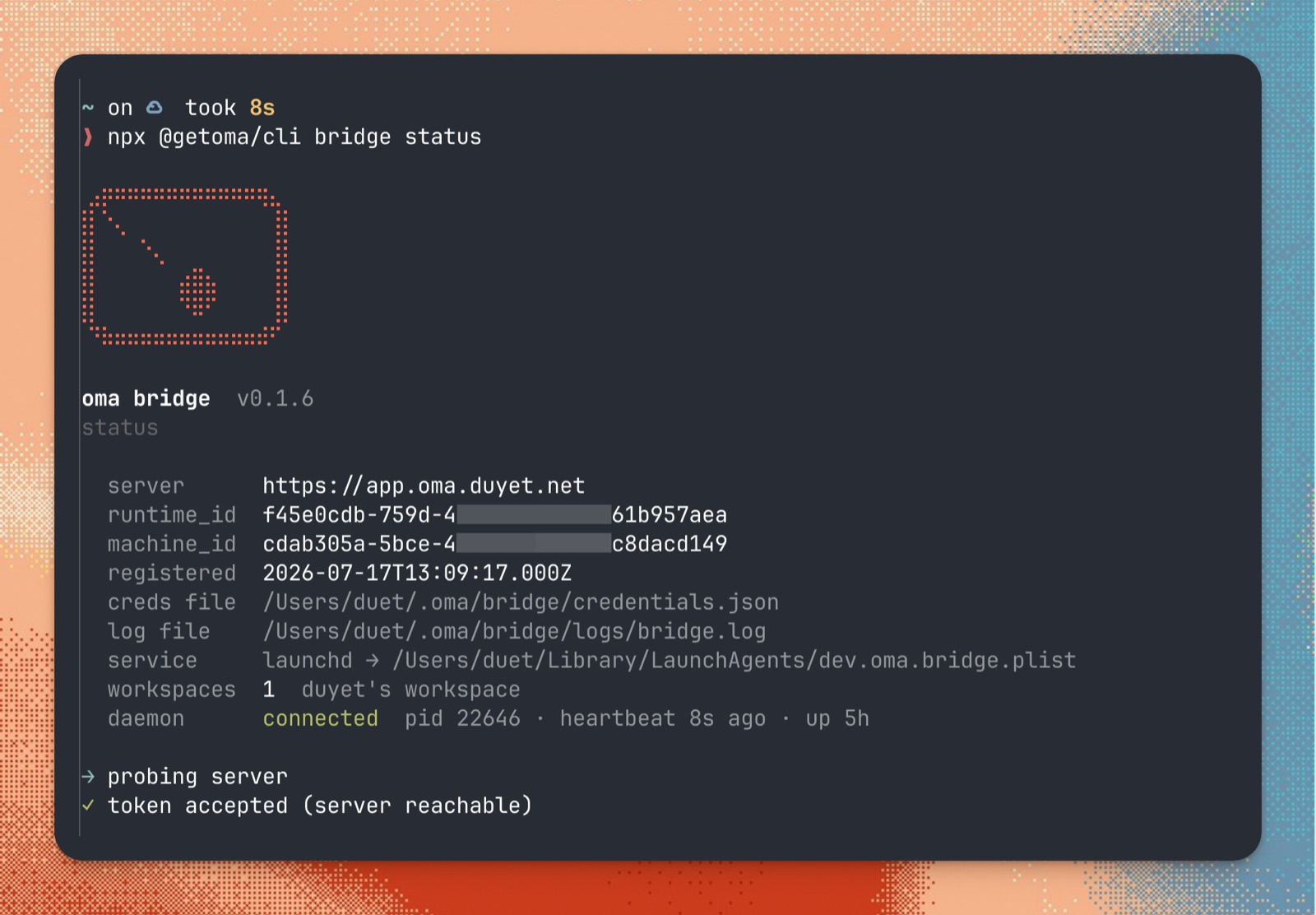 oma bridge status — a connected laptop runtime, daemon up and reachable