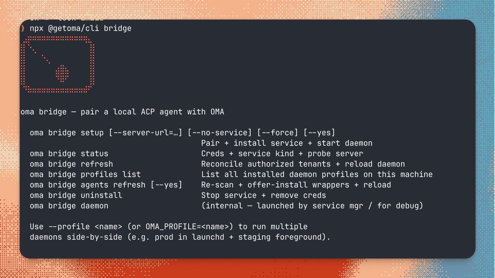 oma bridge — the CLI's help output for pairing a local agent with OMA
