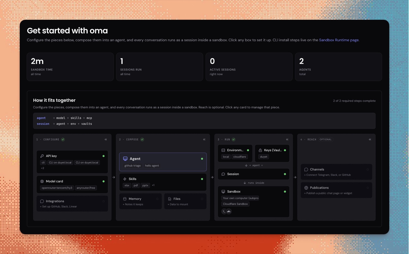 The OMA console — creating an agent and getting the first session running