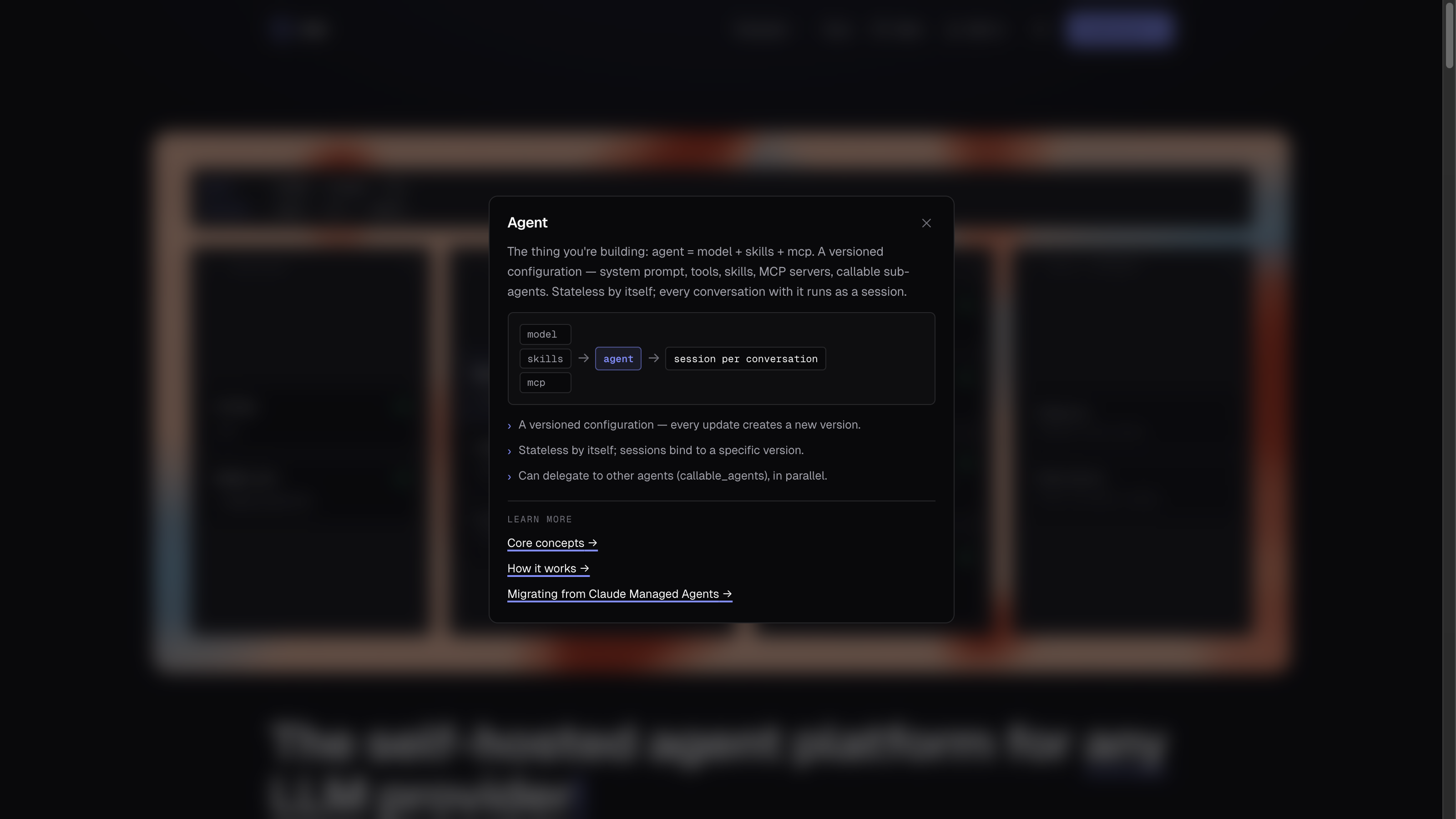 The Agent dialog on the landing page — what an agent is made of