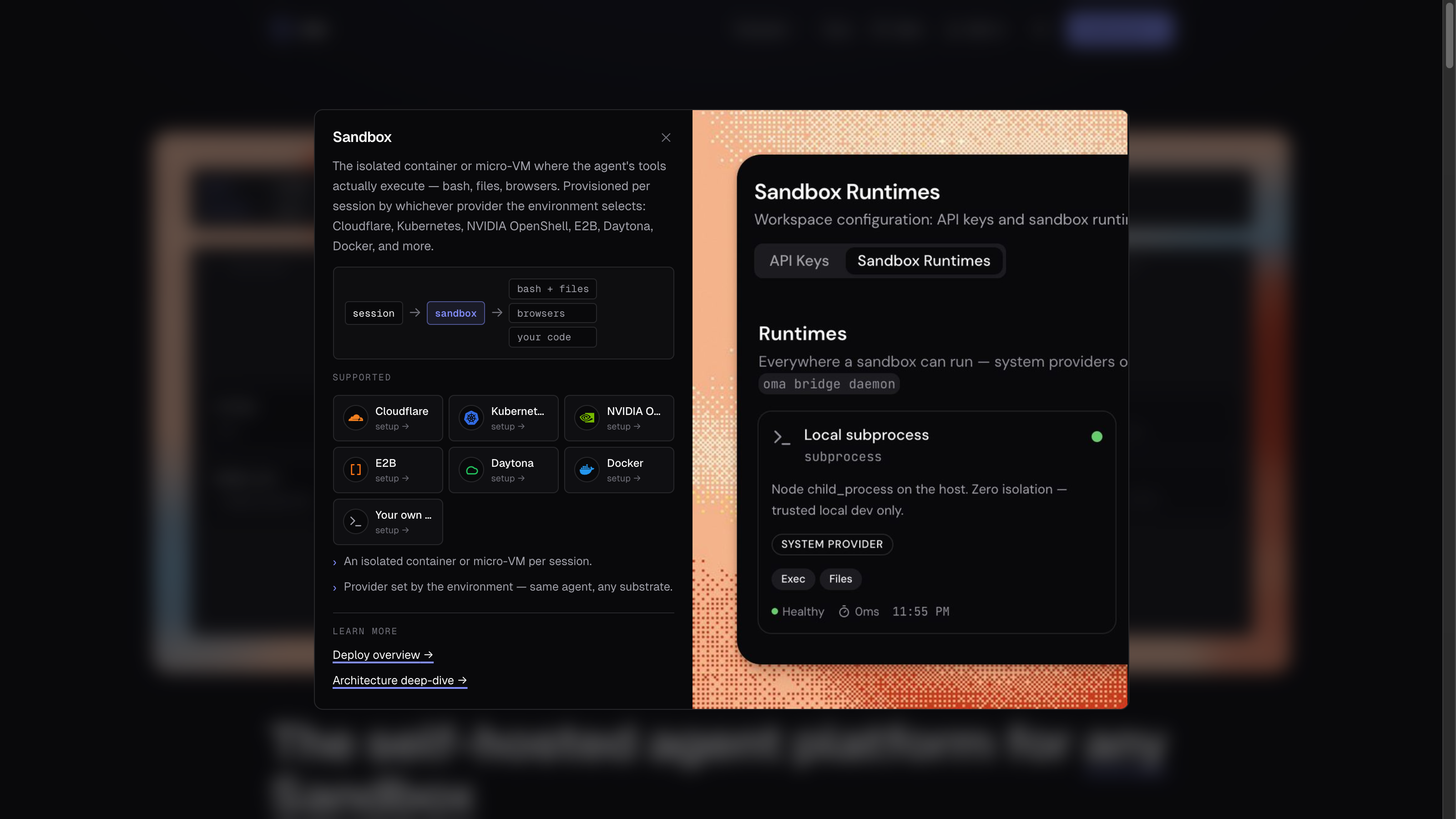 The Sandbox dialog on the landing page — supported providers next to a live Sandbox Runtimes screenshot