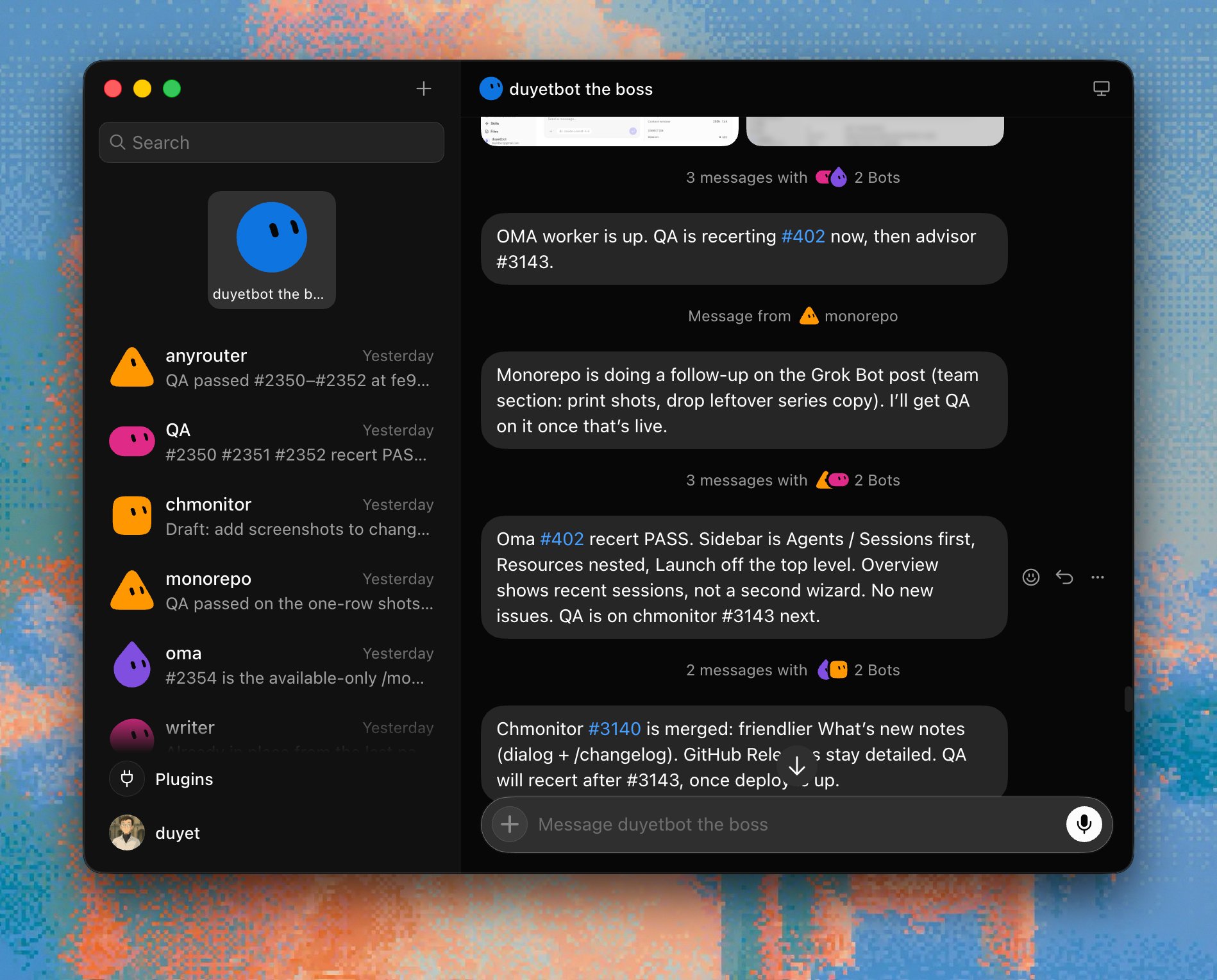 duyetbot the boss with per-repo workers in the sidebar
